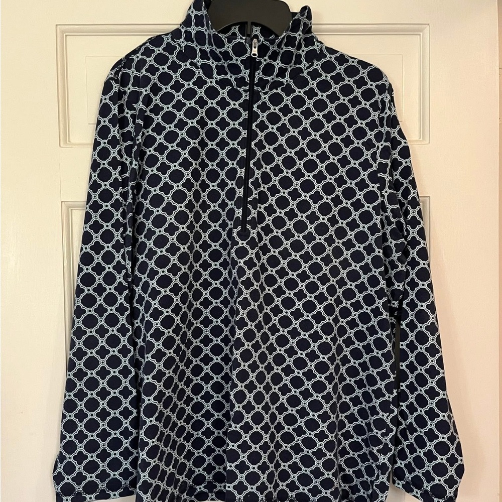 T by Talbots Navy and teal Geometric Pattern 3/4 zip top